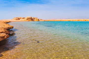 Red sea coast shore in the Ras Mohammed National Park. Famous travel destionation in desert. Sharm el Sheikh, Sinai Peninsula, Egypt.