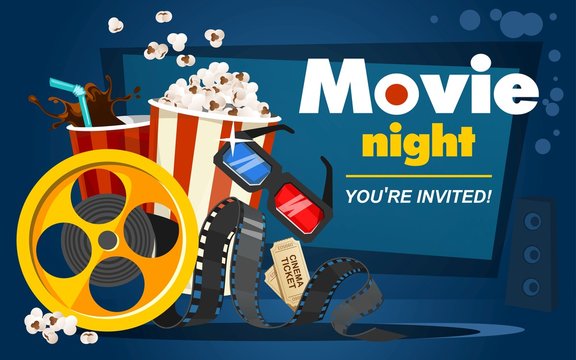 Movie night concept with popcorn, cinema tickets, drink, tape in cartoon style. Movie or cinema banner design. Vector movie promotional illustration