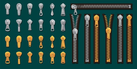 Golden and silver zippers and fasteners set. Vector Dye-to-Match Zippers for fashion design, prints etc. Cartoon pullers accessories for clothing, bags, shoes etc. Vector zippers collection © Microstocker.Pro