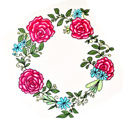 A wreath of colorful summer flowers on an isolated white background. Decoration for a holiday.