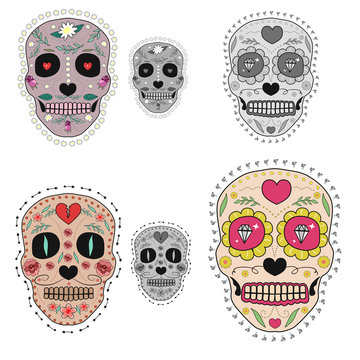 Set of sugar skulls illustrations. Design elements for poster, postcard, flyer, banner, print. Vector illustration