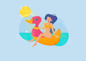 Hello summer beach girl sunbath vector illustration. Sexy pretty girl or woman sitting on a beach duck with bikini swimsuit and sunglasses on.