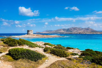 Sardegna, veduta della Spiaggia la Pelosa a Stintino, con il suo mare turchese e la torre aragonese sullo sfondo. La Pelosa è considerata una delle più belle spiagge d'Italia.