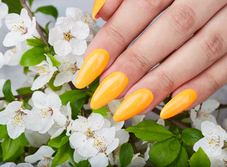 Hand with long artificial manicured nails colored with yellow nail polish and white flowers