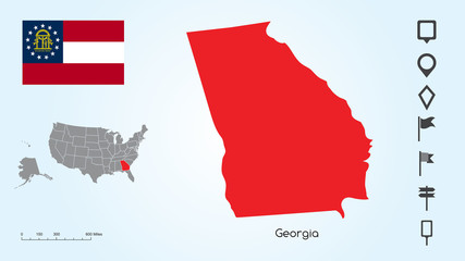 Fototapeta premium Map of The United States with the Selected State of Georgia And Georgia Flag with Locator Collection