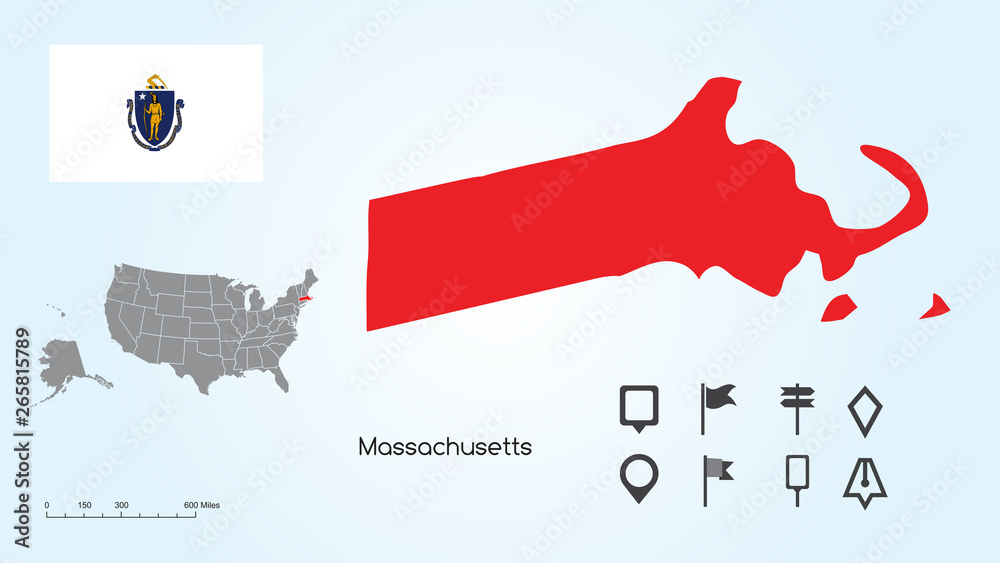 Wall mural Map of The United States with the Selected State of Massachusetts And Massachusetts Flag with Locator Collection