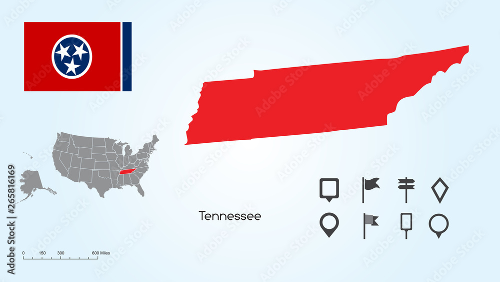 Wall mural map of the united states with the selected state of tennessee and tennessee flag with locator collec