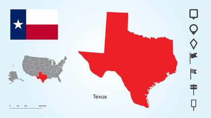 Obraz premium Map of The United States with the Selected State of Texas And Texas Flag with Locator Collection