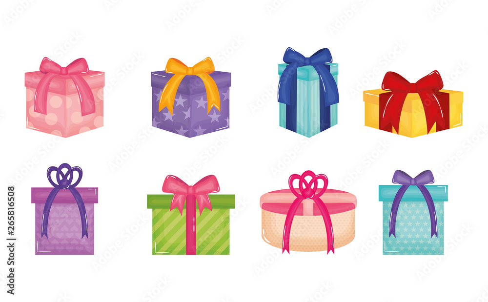 Poster set of gifts boxes presents colors and forms