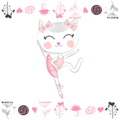 Cute dancing cat ballerina in tutu. Cartoon hand drawn.