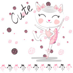 Cute ballerina cat dancing ballet in pink tutu.