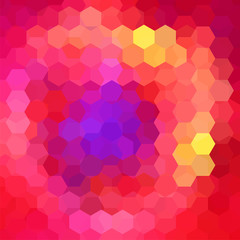 Background made of red, pink, yellow, purple hexagons. Square composition with geometric shapes. Eps 10