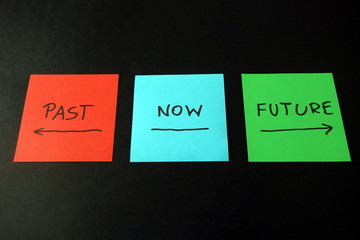 Words past now future handwritten on multicolored stickers