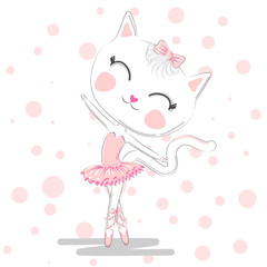 Obraz na płótnie Canvas Happy cat girl in ballet costume dance on a piano on polka dot background illustration vector.