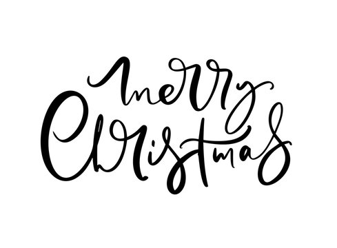 Merry Christmas black handwritten lettering text. Inscription calligraphy vector illustration holiday phrase, typography banner with brush script