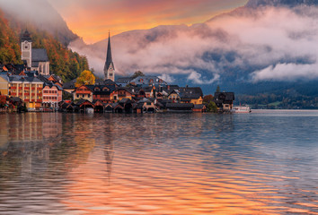 Wonderful sunset with colorful sky over the Halstatt.