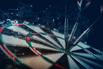 arrow dart board hit taget bull eyes business strategy ideas concept with virtual connecting graphic line double exposure