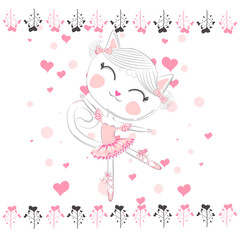 Hand drawn beautiful, lovely, little ballerina cat.