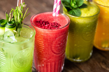 Four delicious smoothies in four glasses