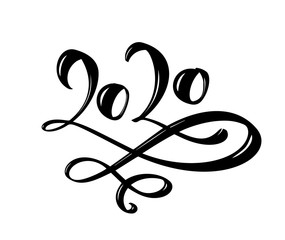 Hand drawn vector lettering calligraphy black number text 2020. Happy New Year greeting card. Vintage Christmas illustration design