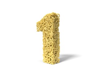 noodle in shape of number 1. curly spaghetti for cooking. 3d illustration