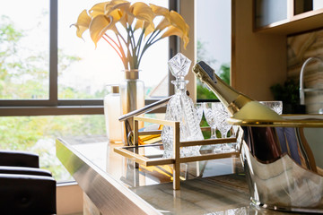 beautiful set of wine and glass tray on mirror counter modern design interior