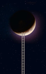 Conceptual image with ladder leading to moon and clouds background - Some elements of this image furnished by NASA