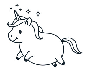 Cute fat unicorn simple doodle cartoon character vector illustration. Simple line black and white icon isolated on white. Funny coloring book page, kids decor, fantasy, dreams, body positive theme.