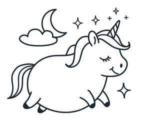 Cute fat unicorn doodle cartoon character vector illustration. Simple line black and white icon isolated on white. Funny coloring book page, kids decor, fantasy, dreams, sleep, body positive theme.