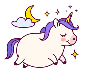 Cute fat unicorn with purple mane doodle cartoon character vector illustration. Simple flat line icon isolated on white. Funny baby and children decor,  fantasy, dreams, sleep, body positive theme.