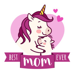 Mother unicorn giving a hug to her baby simple doodle cartoon vector character illustration isolated on white. Happy Mother's day holiday, best mom ever, love, happy family, greeting card design