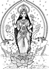 The goddess Lakshmi stands on a lotus flower and two elephants are located on the side. The goddess Lakshmi is the goddess of beauty and prosperity painted with black paint on a white background.
