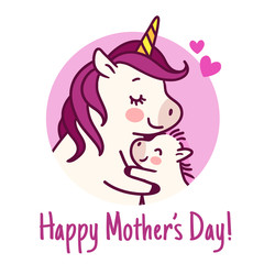 Mother unicorn giving a hug to her baby simple doodle cartoon vector character illustration isolated on white. Happy Mother's day holiday, love, parenting, happy family, greeting card design element