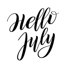 Hello July. Greeting of spring. Brush pen lettering. Calligraphy cursive. Isolated black print. Vector.