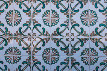 Azulejo is a form of Portuguese or Spanish painted, tin-glazed, ceramic tile work. Azulejos is traditional Portugese tiles in Aveiro. Architecture ornament. Aveiro, Portugal.