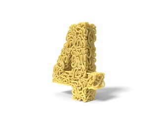 noodle in shape of number 4. curly spaghetti for cooking. 3d illustration