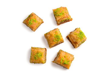 Pistachio baklava on a white background. Dessert.