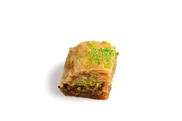 Pistachio baklava on a white background. Dessert.