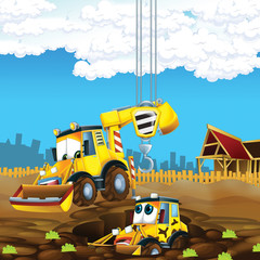 Naklejka premium cartoon scene with diggers on construction site father and son - illustration for the children