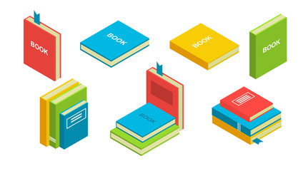  Set of books, textbooks in the style of isometry. Shelf with books. Green book, red, blue, yellow book are stacked
