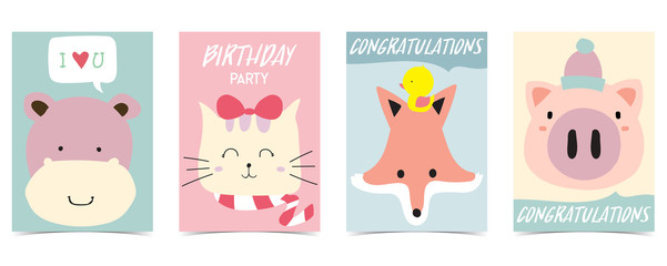 pastel card with hippopotamus,fox,cat,pig