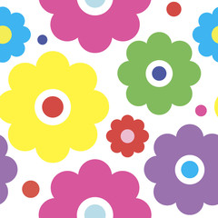 Flower background. Abstract pattern multicolor flower icons on white backdrop. Seamless wallpaper.
