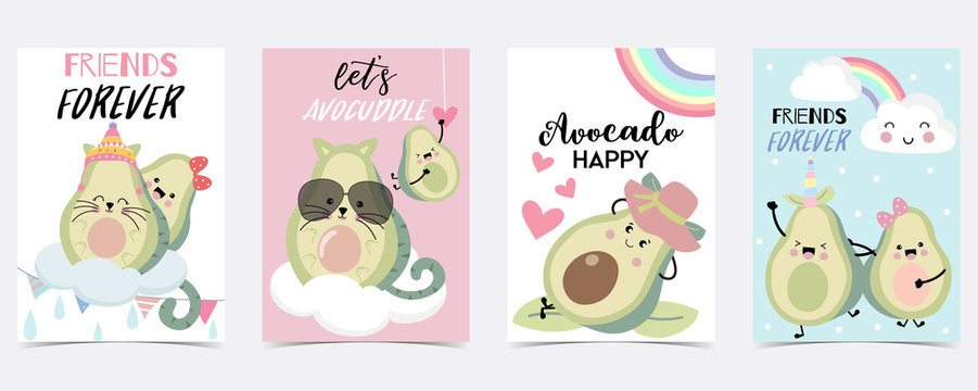 pink green blue hand drawn with cloud,unicorn,rainbow,heart,star,avocado.Friend forever,Let's avocuddle
