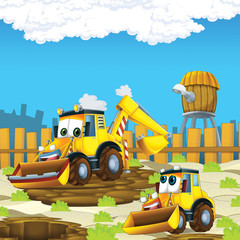 Fototapeta na wymiar cartoon scene with diggers on construction site father and son - illustration for the children