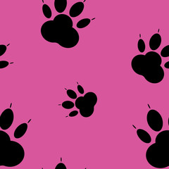 Fototapeta premium Paws. Paw abstract pattern. Seamless backdrop silhouettes of paw, cat's feet, dog's footprint. Black on pink background.