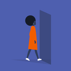 Young black female character walking through a doorway. Daily life. Flat editable vector illustration, clip art