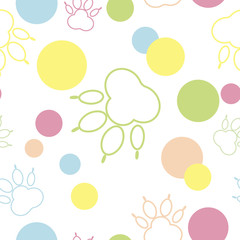 Abstract paw pattern. Multicolor bright background, colored rounds and paw icons on white background. Seamless wallpaper.