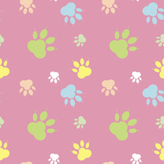 Paw pattern. Abstract backdrop. Silhouettes of paw, cat's feet, dog's footprint. Pastel multi colored paws on a pink background. Seamless wallpaper.	