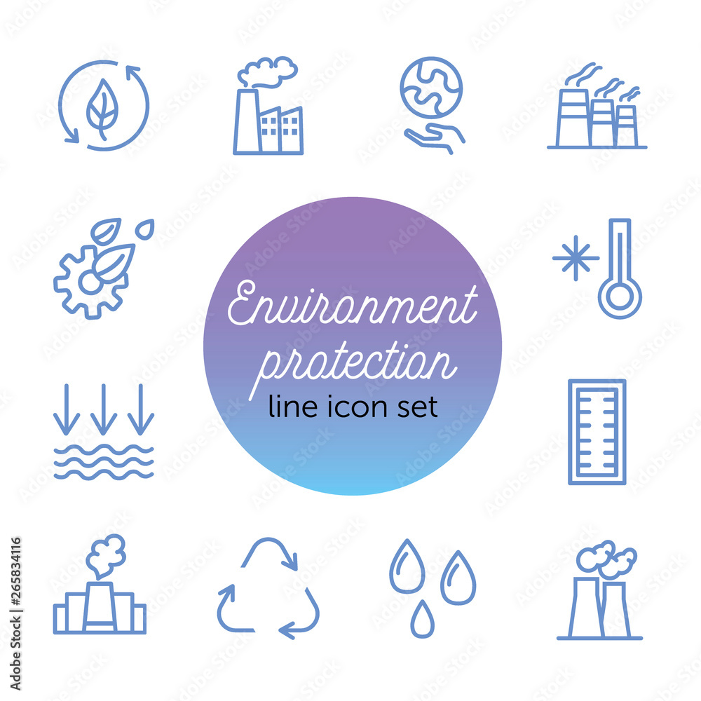 Sticker environment protection line icon set. factory, recycling, water drops. ecology concept. can be used 