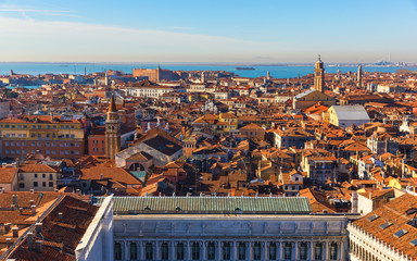 Venice panoramic aerial view with red roofs, Veneto, Italy. Aerial view of the Venice city, Italy....